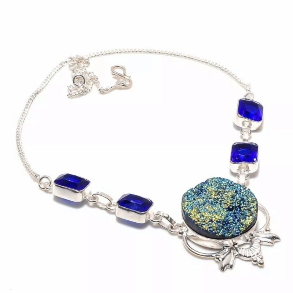 Titanium Druzy Sapphire Gemstone 925 Necklace